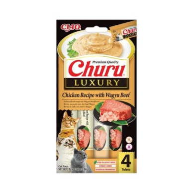 Churu Luxury Ton și Vită Wagyu, 4 x 14 g – recompensă cremoasă pentru pisici